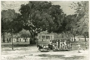 Straßenbahn, gezogen von Pferden, im Hafen von Para (Brasilien), auf dem Largo von Nazareth. Gravur von Vignal, um die Geschichte „Amazonas und Kordilleren“ zu illustrieren. von Pierre Vignal