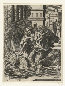 Die Frau von Hasdrubal stürzt sich in den brennenden Tempel von Pierre Woeiriot (II)