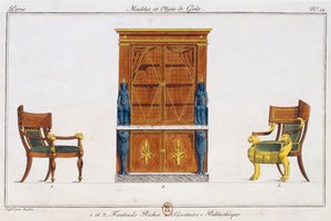 Sessel und Bibliotheksschreibtisch, Tafel 12, Illustration aus Collection de meubles et objects de gout (Sammlung von Möbeln und Geschmackgegenständen) von Pierre de La Mesangere