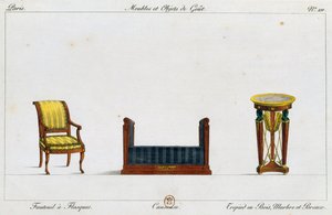 Armlehnsessel, Loveseat und Dreibeintisch, Tafel 211, Illustration aus Collection de meubles et objects de gout
