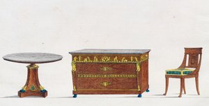 Mahagonitisch, Kommode und Stuhl, Tafel 241, Illustration aus Collection de meubles et objects de gout (Sammlung von Möbeln und Geschmackgegenständen) von Pierre de La Mesangere