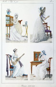 Porträts von Frauen der Zeit des Exekutivdirektoriums, die sich mit verschiedenen künstlerischen und sozialen Aktivitäten beschäftigen. Platte aus der Sammlung „Collection de meubles et objets de taste“ von Pierre de la Mésangère (1761-1831). 1802. Paris,  von Pierre de La Mesangere