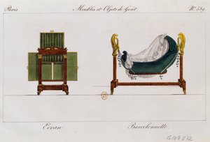 Paravent und Wiege, Tafel 589, Illustration aus Collection de meubles et objects de gout von Pierre de La Mesangere