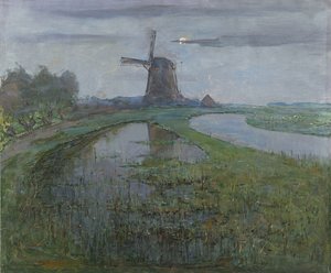 Oostzijdse Mühle am Fluss Gein bei Mondlicht von Piet Mondriaan (signed by artist)