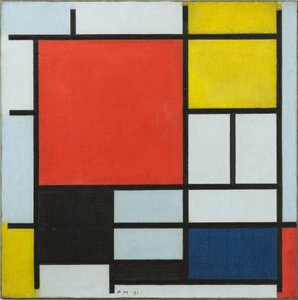 Komposition mit großer roter Fläche, gelb, schwarz, grau und blau, 1921