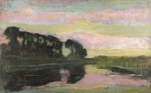 Flusslandschaft mit rosa und gelbgrünem Himmel, ca. 1907-1908 von Piet Mondrian
