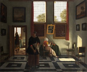 Innenraum mit Maler, lesender Frau und kehrender Magd, ca. 1665-70