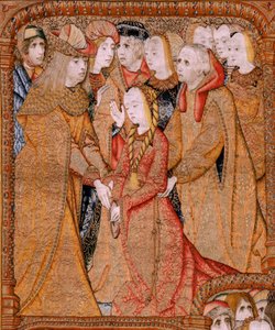 Flandrischer Wandteppich. Serie Triumphe der Mutter oder Paños de Oro. Gott sendet den Erzengel Gabriel. Erster Wandteppich in der Serie. Modell Colin de Cooter(?). Herstellung Pieter van Aelst (oder van Edingen), Brüssel. Ca. 1500-1502. von Pieter (attr. to) Coecke van Aelst