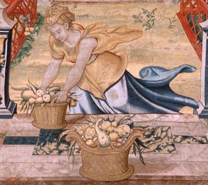 Flämischer Wandteppich. Serie Vertumnus und Pomona. Vertumnus verwandelt in einen Bauern. Zentraler Teil des unteren Randes zeigt eine Episode über die Liebschaften des Jupiter: Danaë. Zweiter Wandteppich der Serie. Modell Kreis von Pieter Coecke van Aelst von Pieter (circle of) Coecke van Aelst