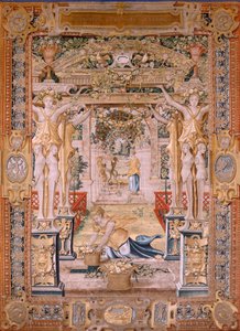 Flämischer Wandteppich. Serie Vertumnus und Pomona. Vertumnus verwandelt in einen Bauern. Modell Kreis von Pieter Coecke van Aelst. von Pieter (circle of) Coecke van Aelst