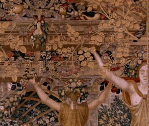 Flämischer Wandteppich. Serie Vertumnus und Pomona. Vertumnus verwandelt sich in einen Bauern. Zweiter Wandteppich der Serie. Rechter Teil die Verwandlung der Nymphe Myrrha. Modell Kreis von Pieter Coecke van Aelst. Herstellung Wilhelm Pannemaker, Brüssel. von Pieter (circle of) Coecke van Aelst
