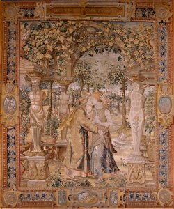 Flämischer Wandteppich. Serie Vertumnus und Pomona. Vertumnus küsst Pomona. Siebter Wandteppich der Serie. Modell Kreis von Pieter Coecke van Aelst. Herstellung Wilhelm Pannemaker, Brüssel. Ca. 1545-1550 von Pieter (circle of) Coecke van Aelst