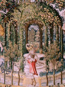 Flämischer Wandteppich. Serie Vertumnus und Pomona; Vertumnus verwandelt sich in einen Gärtner. Fünfter Wandteppich in der Serie. Modell Kreis von Pieter Coecke Van Aelst und Léonard Thiry. Herstellung Unbekannte Werkstatt, Brüssel, vor 1560. von Pieter (circle of) Coecke van Aelst