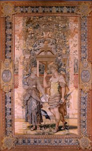 Flämischer Wandteppich. Serie Vertumnus und Pomona. Vertumnus verwandelt sich in einen Krieger. Vierter Wandteppich in der Serie. Modell Kreis von Pieter Coecke van Aelst. Herstellung Wilhelm Pannemaker, Brüssel. Ca 1545-1550. Stoff Gold, Silber, Seide und