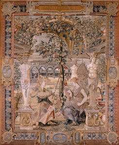 Flämischer Wandteppich. Serie Vertumnus und Pomona. Vertumnus verwandelt in eine alte Frau. Modell Kreis von Pieter Coecke van Aelst. Ca. 1545-1550. von Pieter (circle of) Coecke van Aelst