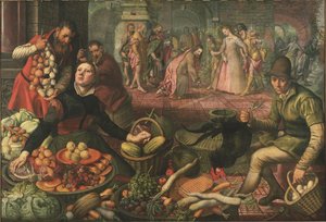 Marktszene und Christus mit der Ehebrecherin von Pieter Aertsen, genannt Lange Pier von Pieter Aertsen