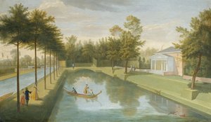 Blick auf den Tempel am Wasser, mit dem Becken und dem langen Kanal, Chiswick Villa