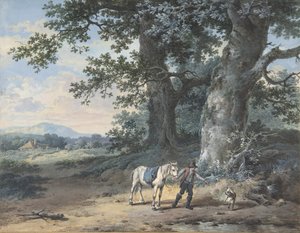 Ein Bauer führt sein Pferd am Rande eines Waldes von Pieter Barbiers