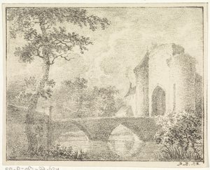 Burg mit Brücke in einer Landschaft