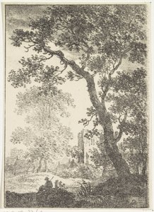 Landschaft mit Ruine und sitzender Figur
