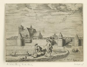 Tobias und der Engel; im Hintergrund die Oude Kerk in Middelburg (Landschaften mit biblischen Szenen) von Pieter Bast