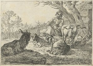 Hirtin inmitten von Ziegen und Schafen Verschiedene Tiere (Serientitel)