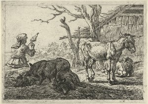 Spinnende Frau, Schweine und Esel (Verschiedene Tiere) von Pieter Bodding van Laer