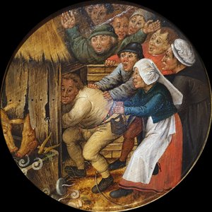 Der Betrunkene in den Schweinestall gestoßen