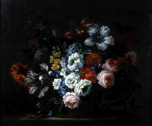 Stillleben von Rosen, Pfingstrosen, Tulpen und Prunkwinde in einem Korb