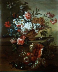 Stillleben mit Blumen in einer Urne und Obst von Pieter Casteels