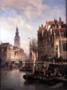 Straßenszene an einem Kanal von Pieter Christiaan Cornelis Dommelshuizen
