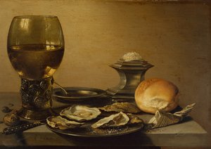 Ein Frühstücksstillleben mit Austern, Salzbrot und Nüssen von Pieter Claesz