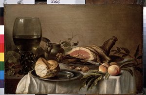 Stillleben mit Frühstück, Schinken, Brot, Pfirsichen und Nüssen von Pieter Claesz