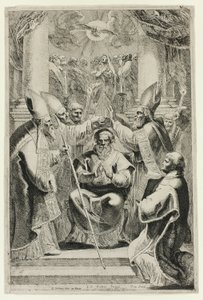 Weihe des Bischofs von Noyon mit Pfingstszene darüber von Pieter Claesz. Soutman