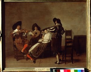 Musikalischer Abend. Drei Musiker und eine junge Frau beim Gesang von Pieter Codde