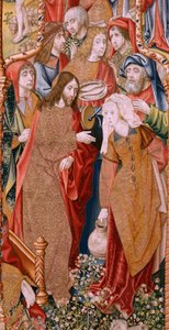 Flämischer Wandteppich. Serie Episoden aus dem Leben der Jungfrau Maria. Die Prophezeiungen erfüllen sich bei der Geburt Christi. Erster Wandteppich der Serie. Modelle zugeschrieben Jan von Roome (oder van Brussel). von Pieter Coecke van Aelst