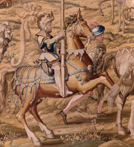 Flämischer Wandteppich. Serie Die Eroberung von Tunis. Truppeninspektion in Barcelona. Zweiter Wandteppich der Serie. Modell Jan Vermeyen und Pieter Coecke van Aelst. 1543-1548. Herstellung Real Fábrica de Tapices de Santa Bárbara, Madrid von Pieter Coecke van Aelst