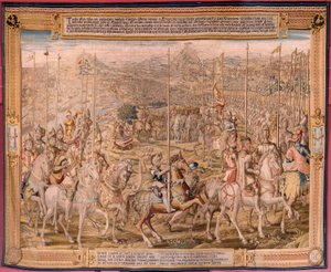 Flämischer Wandteppich. Serie Die Eroberung von Tunis; Truppeninspektion in Barcelona. Zweiter Wandteppich der Serie. Modell Jan Vermeyen und Pieter Coecke van Aelst. 1543-1548. Herstellung Königliche Teppichmanufaktur von Sant von Pieter Coecke van Aelst