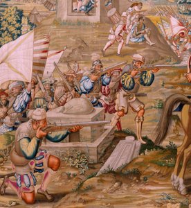 Flämischer Wandteppich. Serie Die Eroberung von Tunis. Der Angriff auf La Goleta. Vierter Wandteppich der Serie. Modell Jan Vermeyen und Pieter Coecke van Aelst. 1543-1548. Herstellung Real Fábrica de Tapices de Santa Bárbara, Madrid