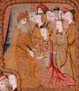Flämischer Wandteppich. Serie Triumphe der Mutter oder Paños de Oro. Verkündigung. Zweiter Wandteppich der Serie. Modell Colin de Cooter (?). Herstellung Pieter van Aelst (oder van Edingen), Brüssel. Ca. 1500-1502. Stoff Gold, Silber, Seide und Wo von Pieter Coecke van Aelst