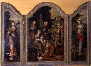 Triptychon, das die Anbetung der Heiligen Drei Könige und zwei Heilige darstellt