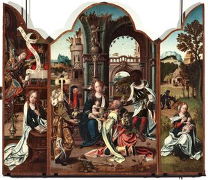 Triptychon der Anbetung der Könige Linkes Panel: Verkündigung - Rechtes Panel: Verkündigung links und Flucht nach Ägypten rechts Gemälde von Pieter Coeck van Aelst (1502-1550) 16. Jahrhundert Genes Musei di Strada Nuova (ehemals Palazzo Bianco)