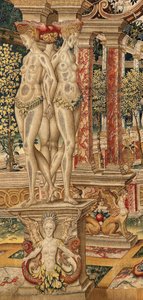Vertumnus und Pomona: Vertumnus verwandelt sich in einen Baumschneider. ca. 1550 (Wandteppich) von Pieter Coecke van Aelst