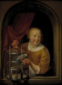 Mädchen mit einem Papagei von Pieter Cornelisz. van Slingelandt