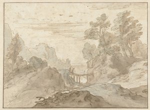 Berglandschaft mit zwei Figuren auf einer schmalen Brücke