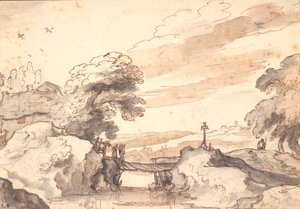 Landschaft mit einer alten Brücke über einen Bach