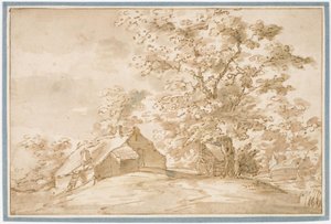 Landschaft mit einer großen Eiche neben Bauernhütten von Pieter Dircksz van Santvoort