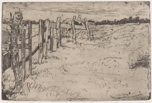 Weidende Kuh bei einem Zaun auf einer Wiese von Pieter Dupont