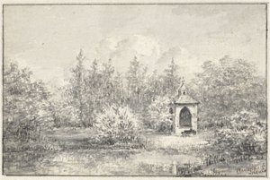 Ansicht im Park von Leiduin, mit Häuschen zwischen den Bäumen