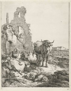 Landschaft mit stehender und liegender Kuh und Schäferin vor einer Ruine von Pieter Gerardus van Os